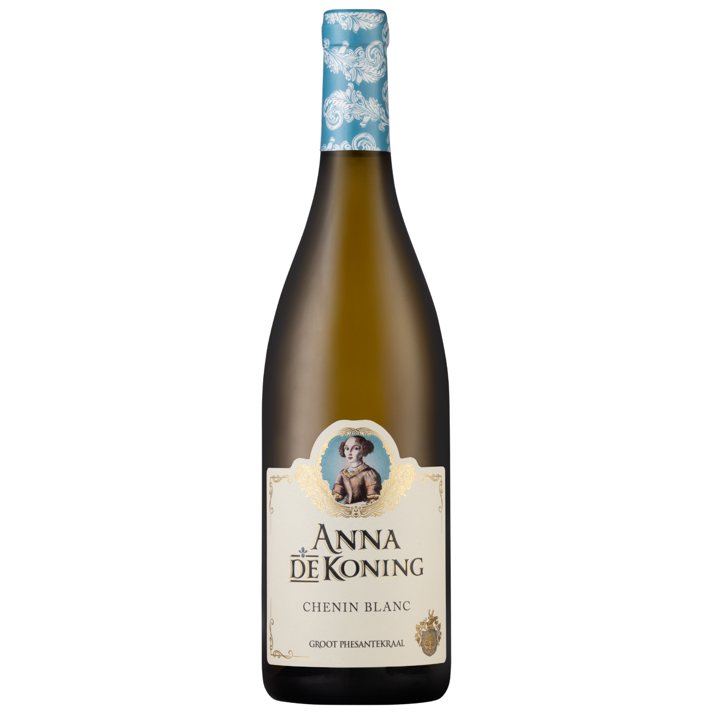 Wine bottle labeled 'Anna de Koning Chenin Blanc' on a white background