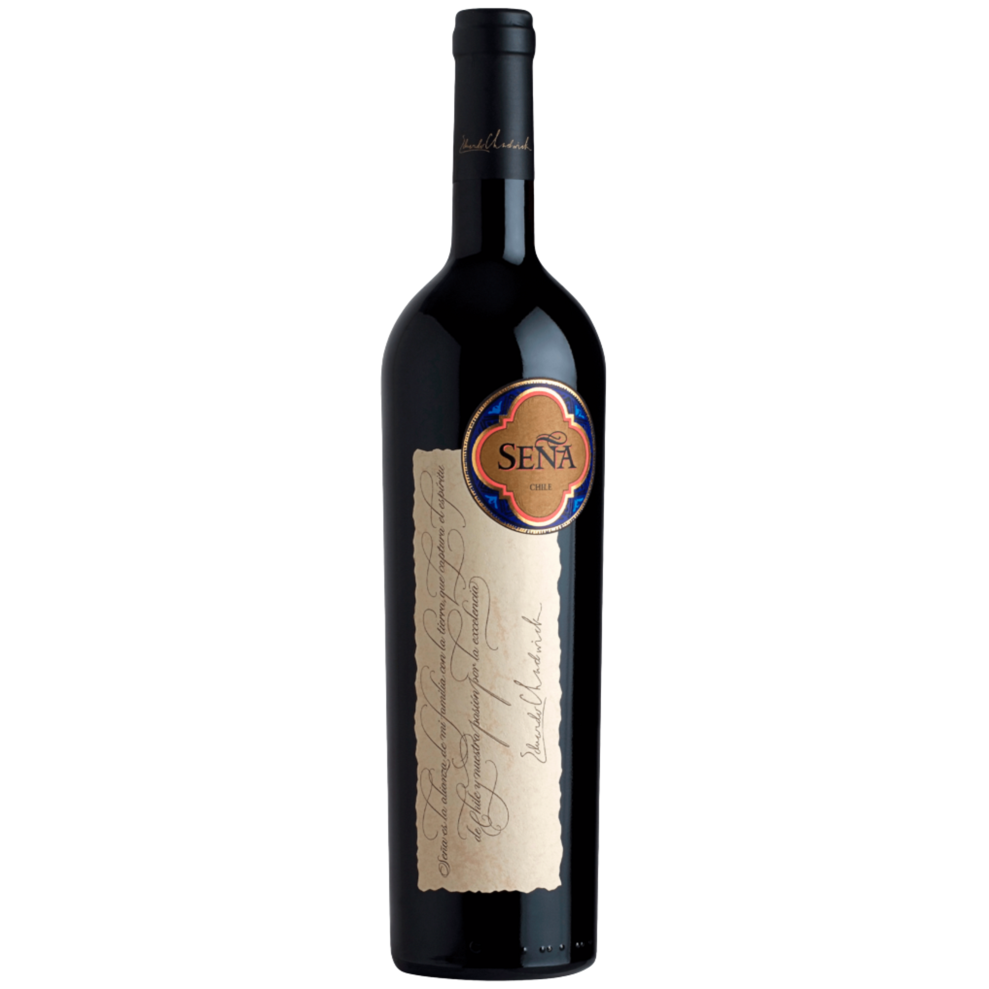 Wine bottle with a visible label on a white background